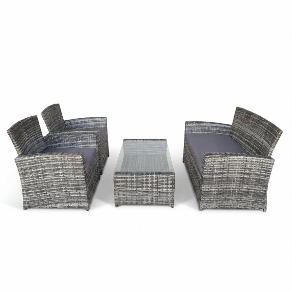Lounge-Gruppe für 4 Personen mit Sofa, 2 Sesseln und Tisch aus Sicherheitsglas - Graue Gartenmöbelgruppe für Balkon und Terrasse Lounge-Gruppe für 4 Personen mit Sofa, 2 Sesseln und Tisch aus Sicherheitsglas - Graue Gartenmöbelgruppe für Balkon und Terrasse