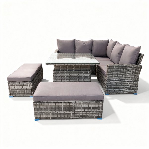 Lounge-Ecksofa für 6-8 Personen mit Tisch und 2 Hockern - Gartenmöbel mit Kissen und Sicherheitsglas Lounge-Ecksofa für 6-8 Personen mit Tisch und 2 Hockern - Gartenmöbel mit Kissen und Sicherheitsglas