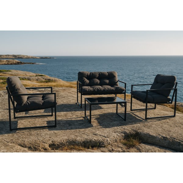 Utegrupp; bord, ftljer och soffa - Svart/gr