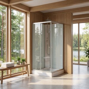 Duschkabin 90�90x205 cm | Vit glas & massagefunktion | Aether