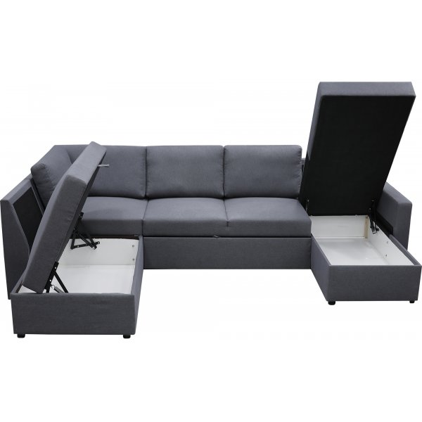 U-soffa b�ddsoffa Dream med f�rvaring - 299 cm - m�rkgr�