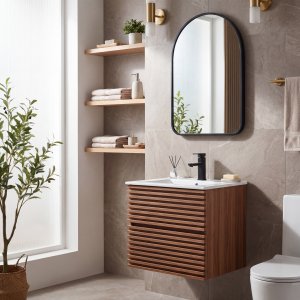 Badezimmermöbel 60 cm, gerillt, dunkles Holz, wandhängend - Venice + Klopapierhalterung Badezimmermöbel 60 cm, gerillt, dunkles Holz, wandhängend - Venice + Klopapierhalterung