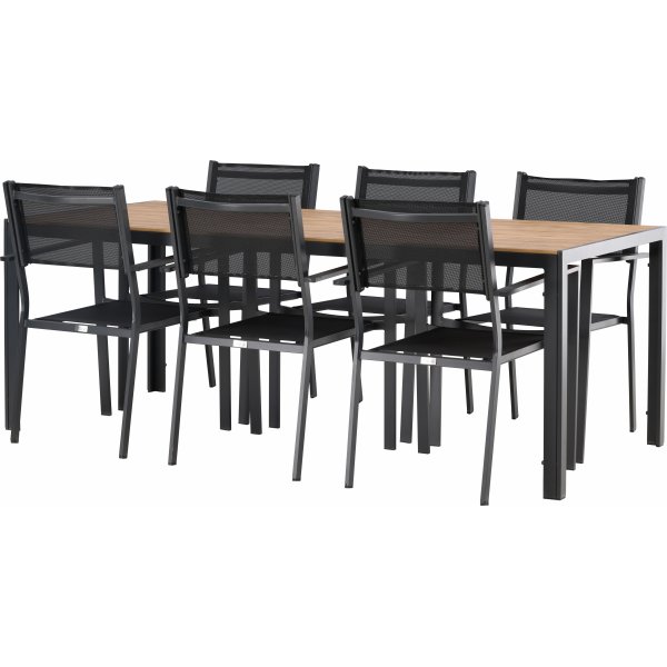 Chania-Lebensmittelgruppe; 6 Copacabana Stühle mit Esstisch 205 x 90 cm - Schwarz/Natur + Textilimprägnierung für Outdoormöbel Chania-Lebensmittelgruppe; 6 Copacabana Stühle mit Esstisch 205 x 90 cm - Schwarz/Natur + Textilimprägnierung für Outdoormöbel