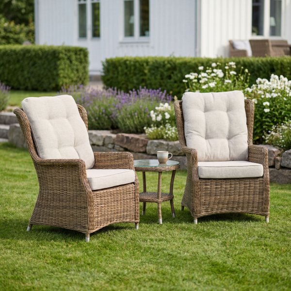 Sand� nojatuolisarja p�yd�ll� - Luonnonv�rinen synteettinen rottinki + Tekstiilien kyll�st�minen ulkokalusteisiin